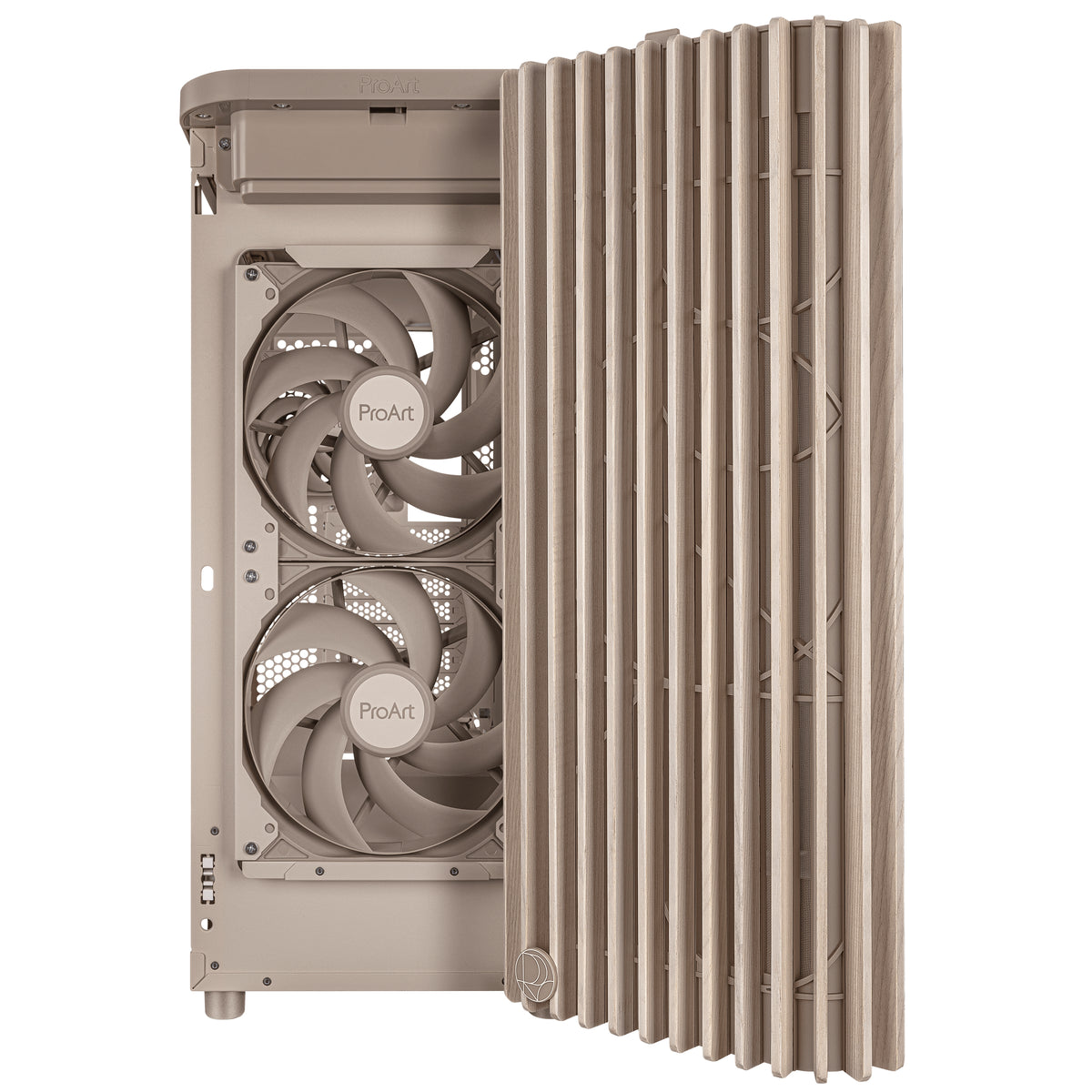 ASUS ProArt PA401 – PC-Gehäuse – Beige, Holz, ATX, 2×160 mm Frontlüfter, Oben 240 mm Radiator, 31,5 cm GPU-Länge
