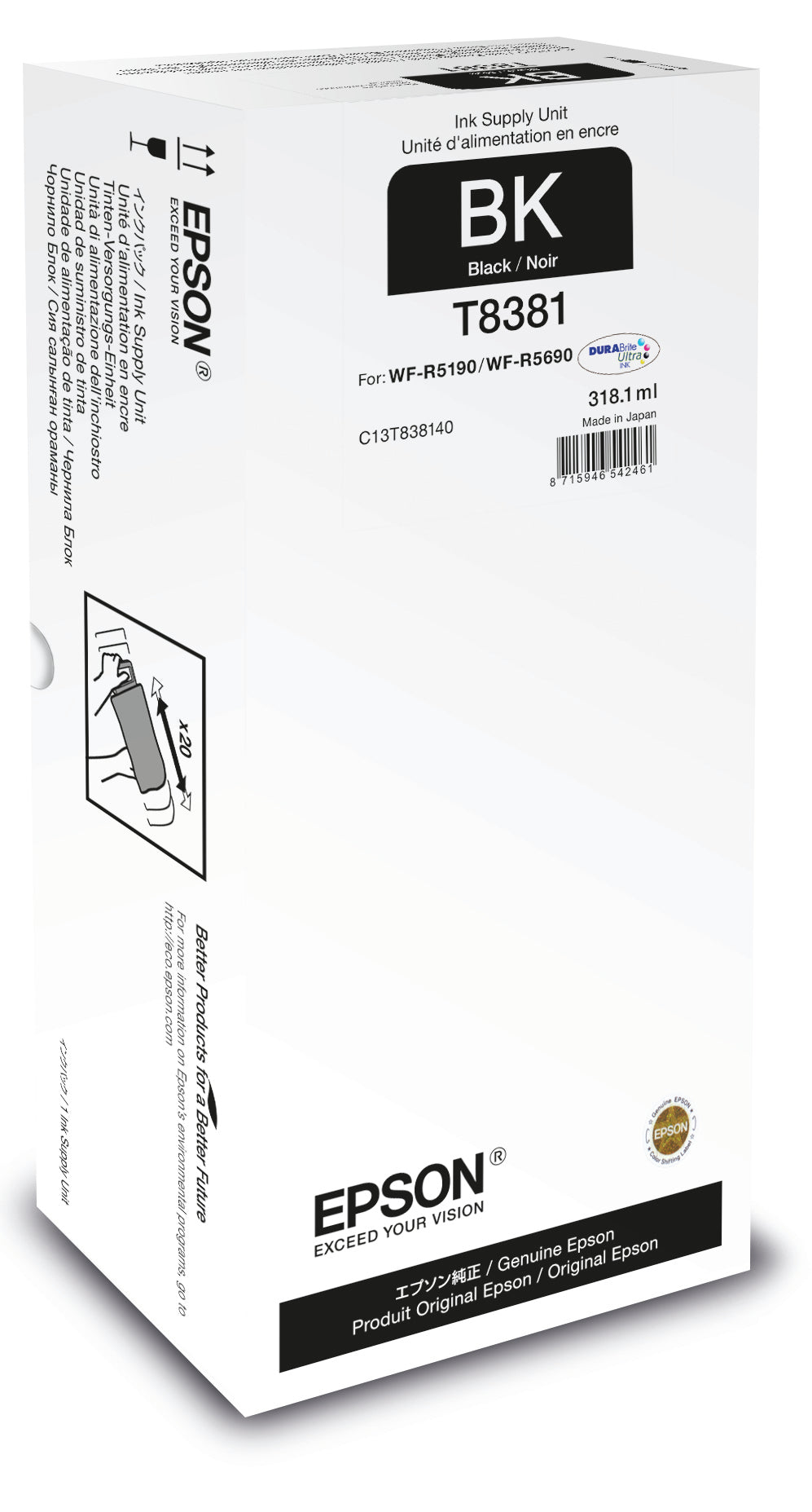 Epson Tintenpatrone C13T838140, Schwarz, XL, 20'000 Seiten, Original – für WorkForce Pro WF-R5690, WF-R5190