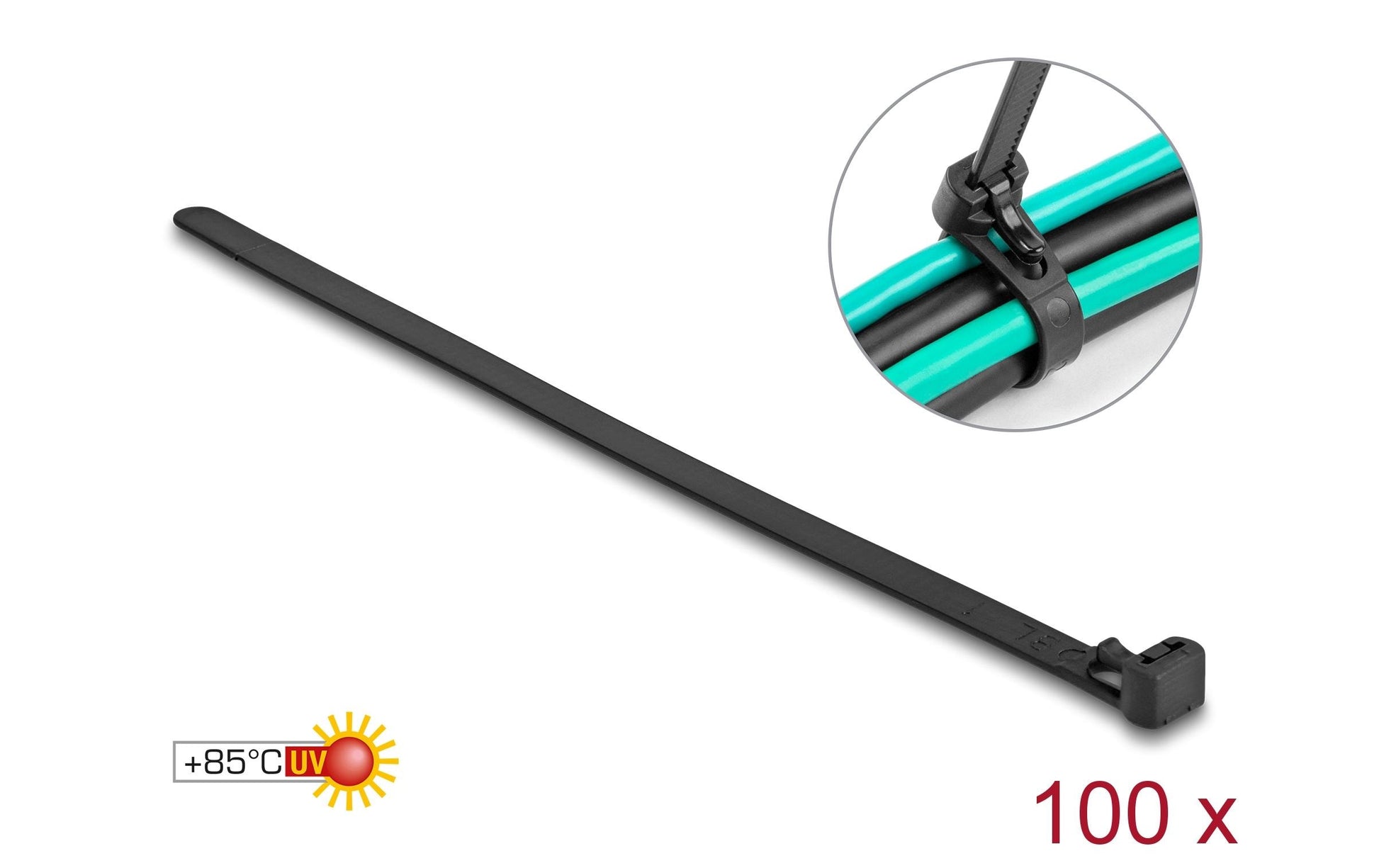 DeLOCK Kabelbinder, 200×7,5 mm, 100er-Pack, wiederverwendbar, hitzebeständig, mit Klettverschluss – schwarz