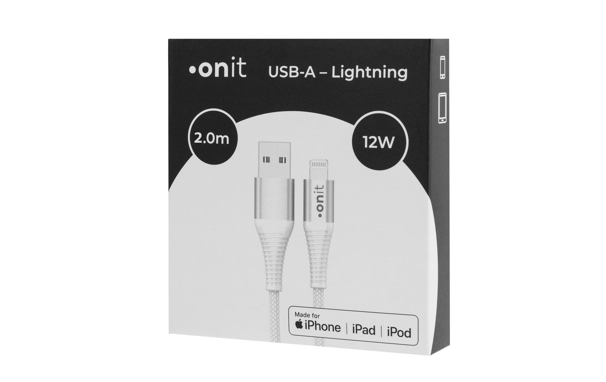 ONIT Daten- & Ladekabel – USB-A auf Lightning 2 m, PD 12 W, geflochten, Weiss – für iPhone/iPad