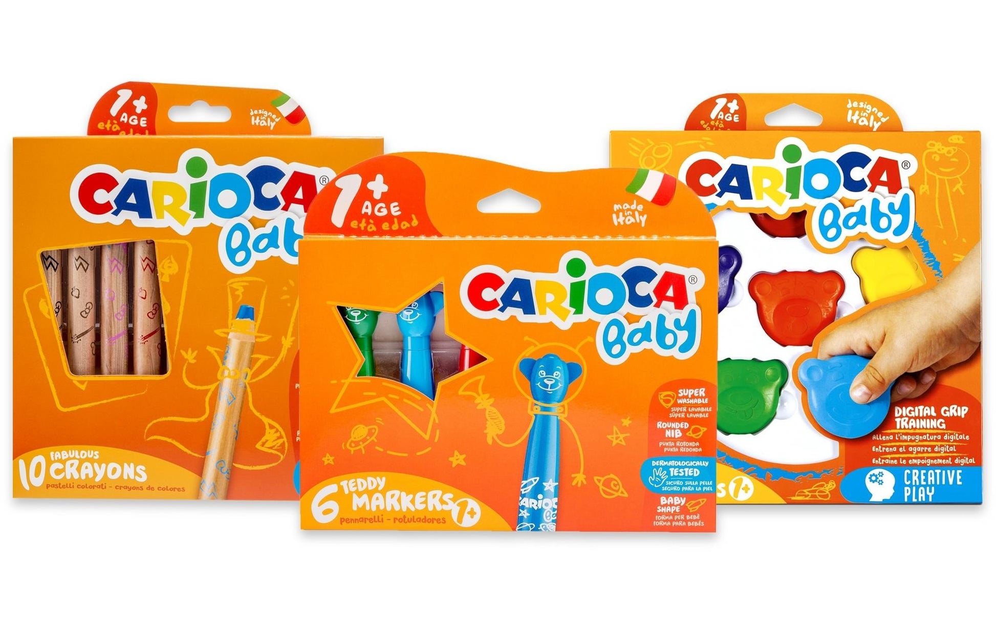 Carioca Stifte-Set Baby – farbig sortiert, 22er-Pack, ab 1 Jahr, Motiv Teddy, inkl. Bleistiftspitzer