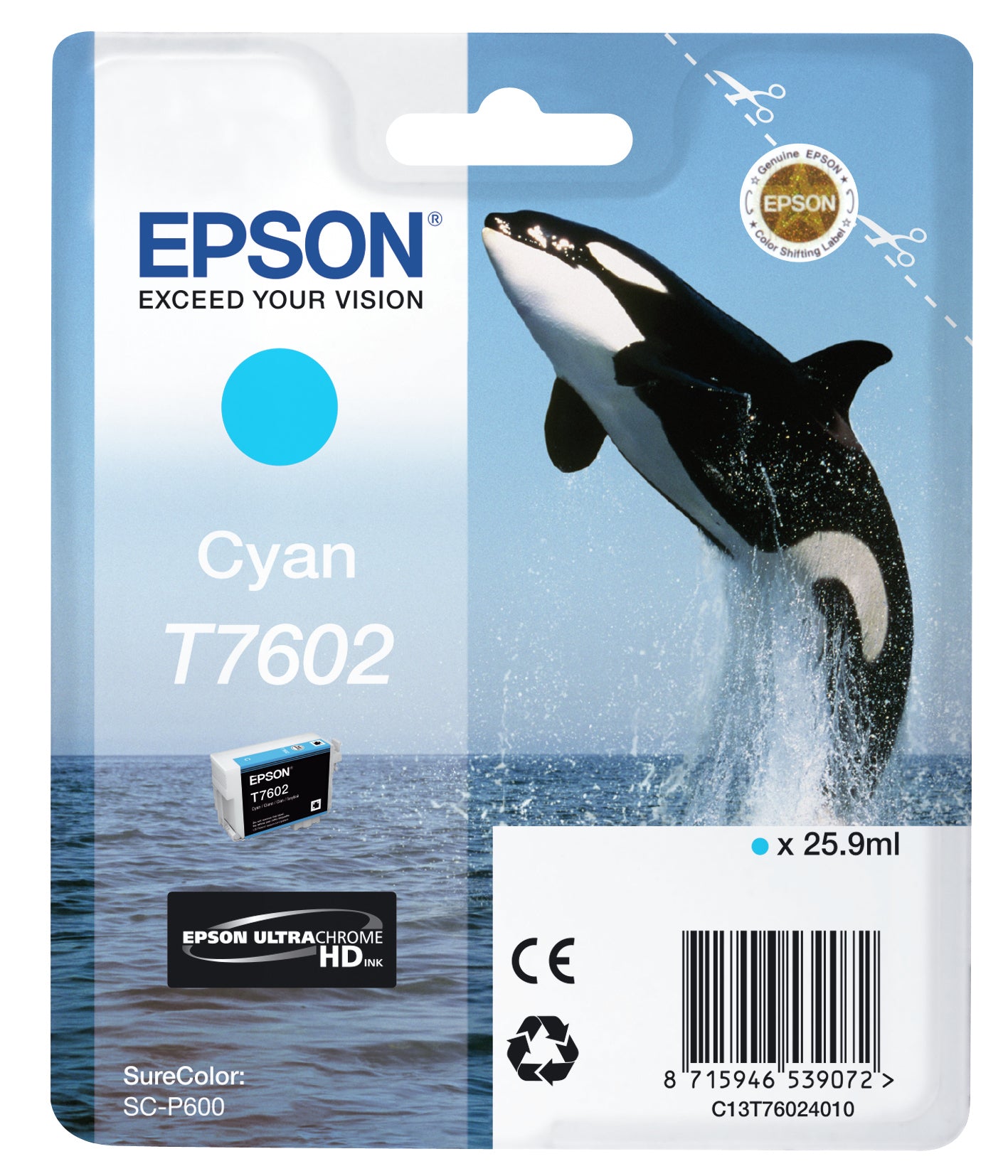Epson T7602 Cyan Tintenpatrone (Original) – 25,9 ml – für SureColor SC-P600 – C13T76024010