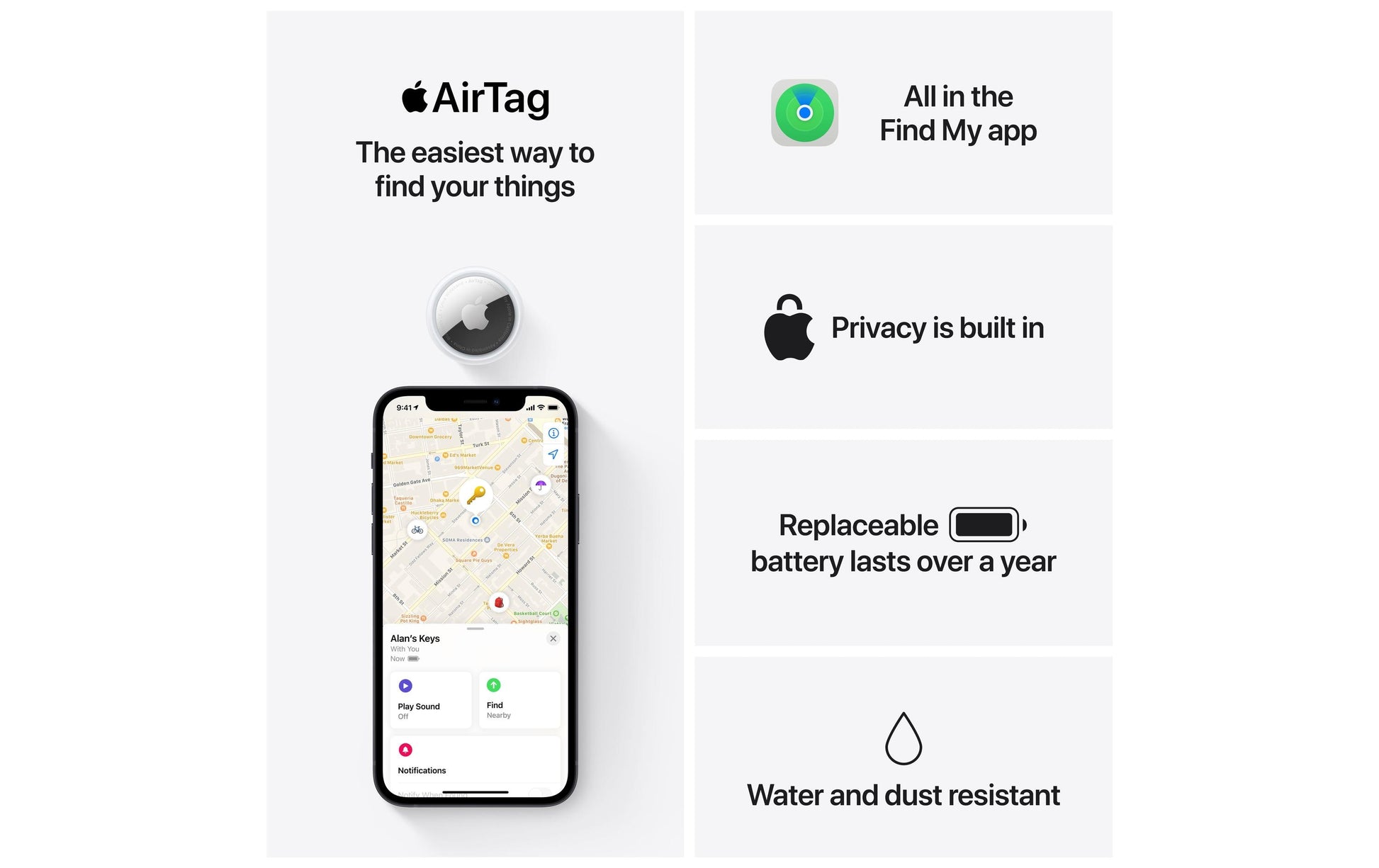 Apple Bluetooth-Tracker AirTag – für Apple Find My-App, 31,9 × 31,9 × 8 mm, Weiss, 11 g