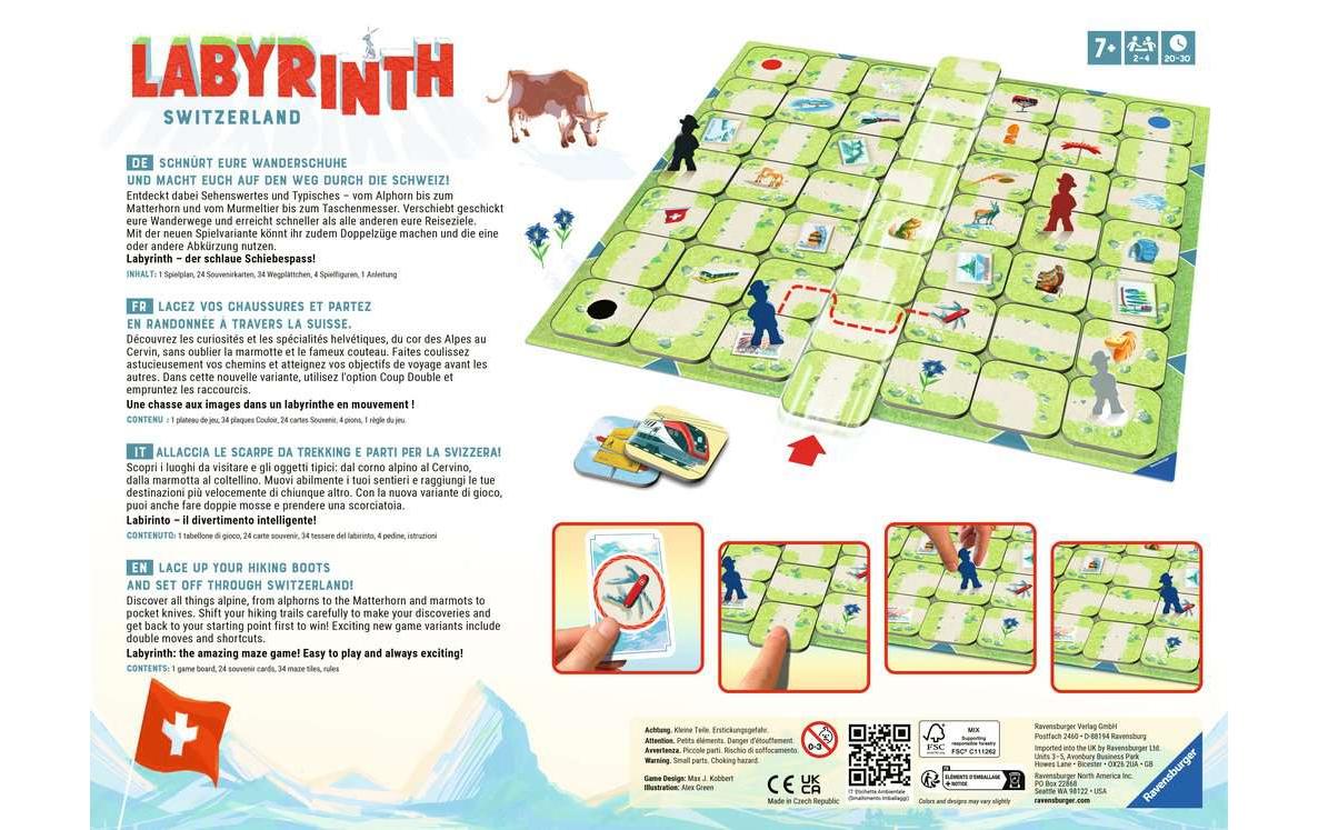 Ravensburger Labyrinth CH Edition 22 – Brettspiel, 2–4 Spieler, ab 7 Jahren, 30 Min., DE/EN/FR/IT