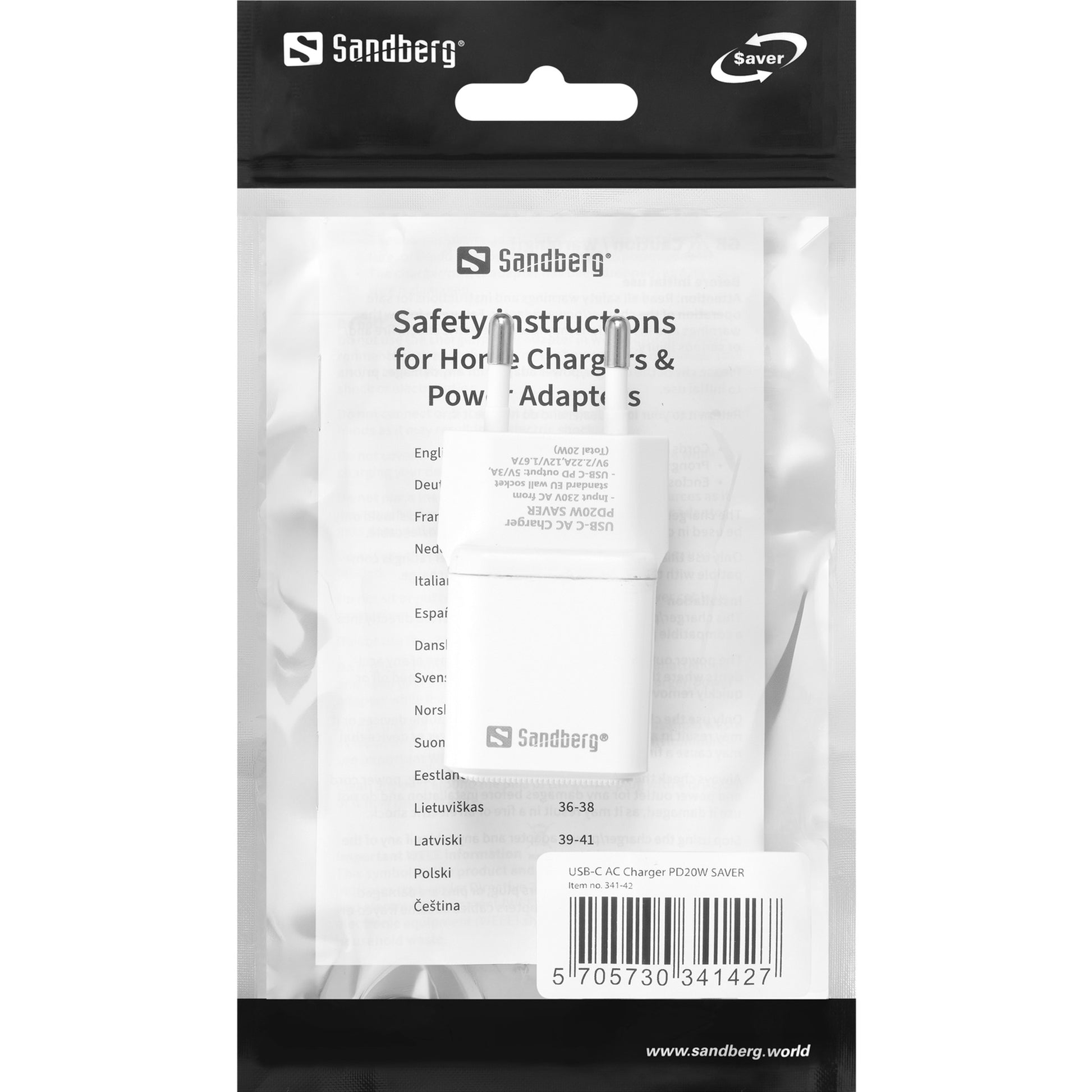 Sandberg PD20W SAVER USB-Ladegerät 20 W – USB-C×1 – PD – EU-Stecker (Typ C) – Weiss