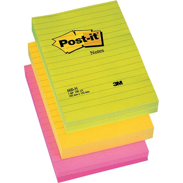 Post-it Haftnotizen – 101 × 152 mm – mehrfarbig, liniert, 100 Blatt/Block, 6er-Pack, PEFC