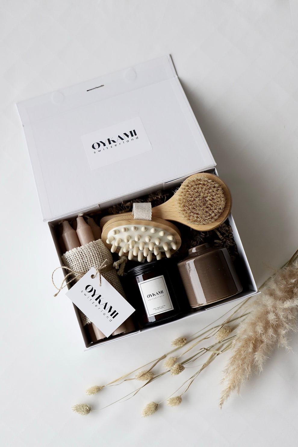 OYKAMI Geschenkbox – mit Kerzenhalter – Keramik, Holz, Rosa, Weiss, Beige – 6 Stk.