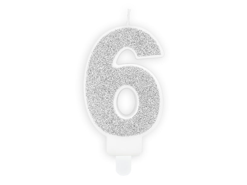 PartyDeco Geburtstagskerzen Zahl 6 – Silber – 7 cm – 1 Stk