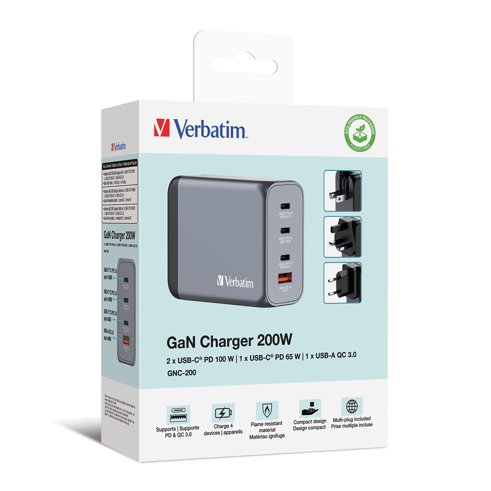 Verbatim GaN 4-Port USB-Ladegerät 200 W – USB-C×3, USB-A×1 – PD 3.0, PPS, QC 3.0, GaN – EU/UK/US-Adapter