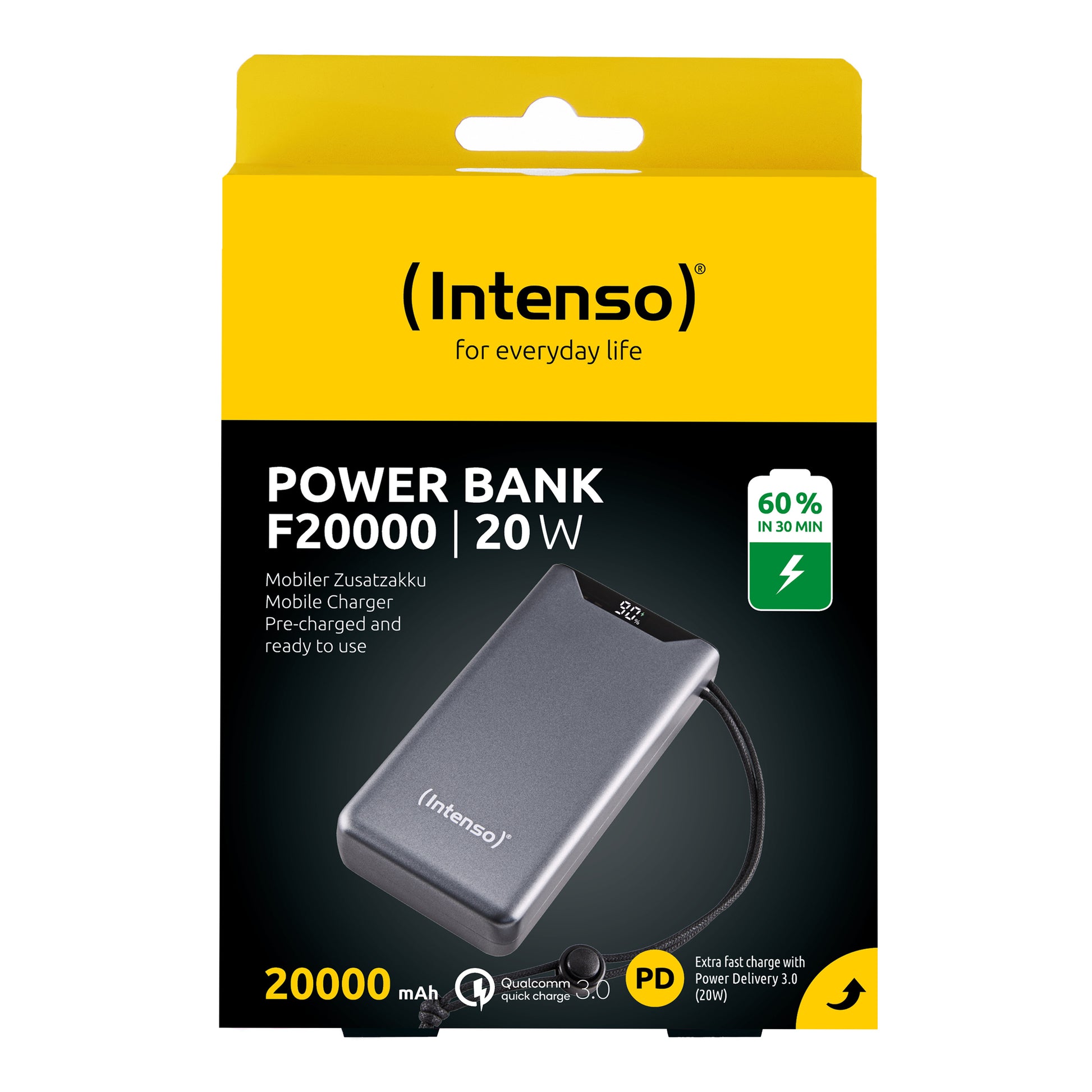 Intenso F20000 Powerbank 20'000 mAh – 20 W PD, 1× USB-C, 1× USB-A, grau