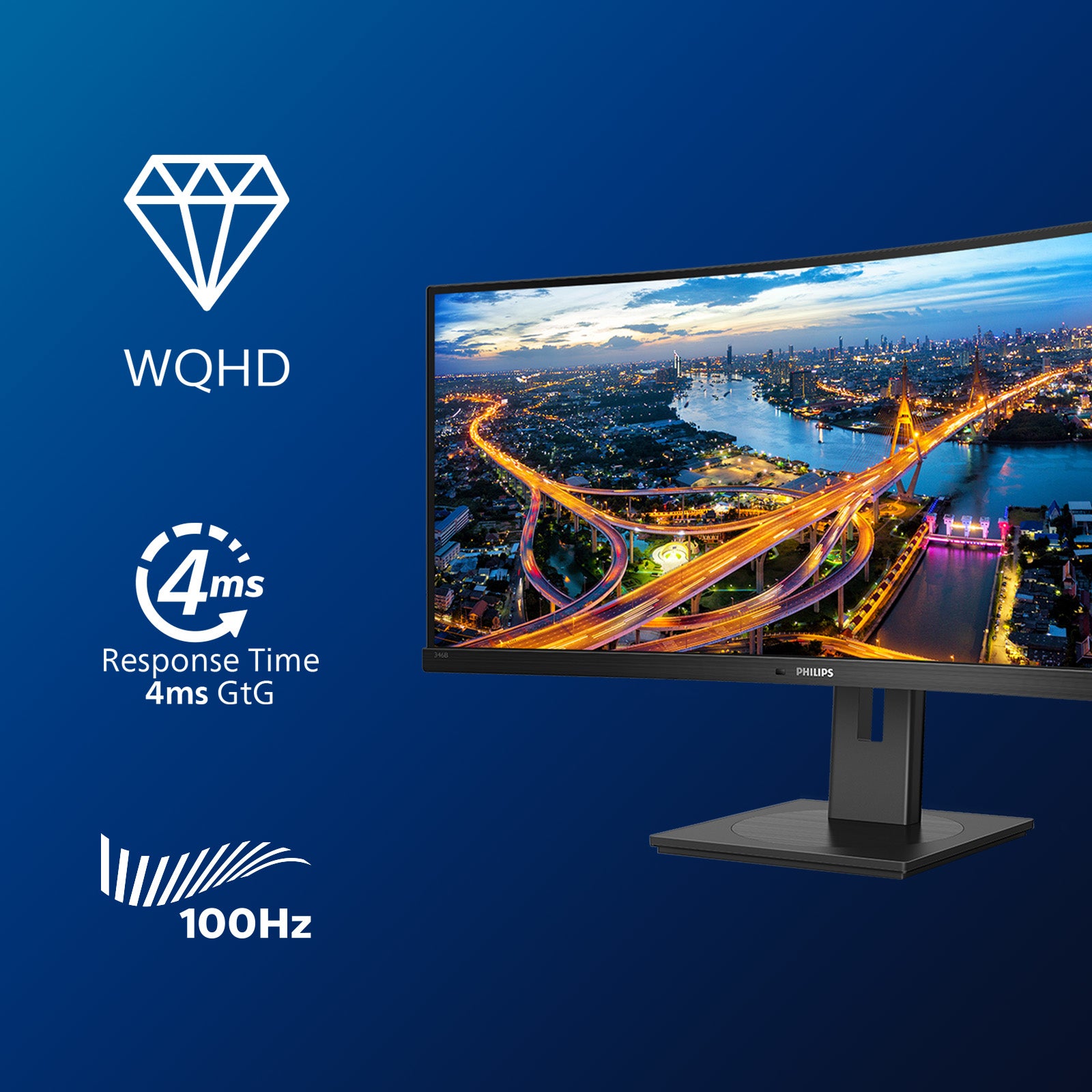 Philips 346B1C/00 – Monitor, 34", VA, 100 Hz, 300 cd/m², KVM, USB-C, Gebogen, VESA 100 × 100, Schwarz