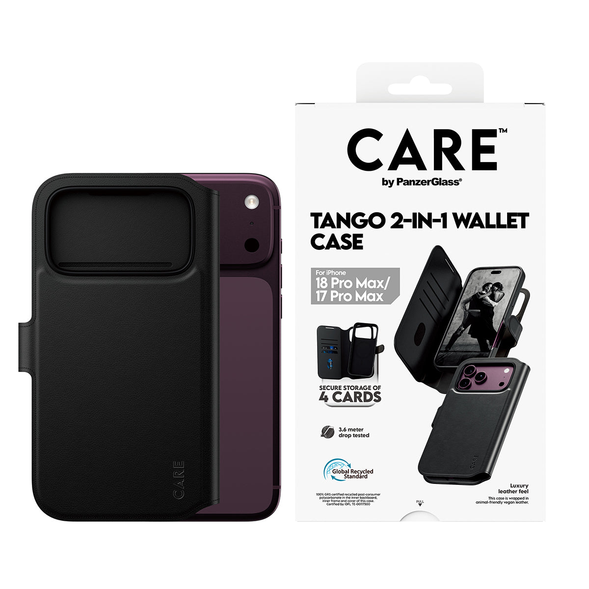 PanzerGlass CARE Tango Wallethülle – für Apple iPhone 18 Pro Max / 17 Pro Max, MagSafe, PC, Schwarz