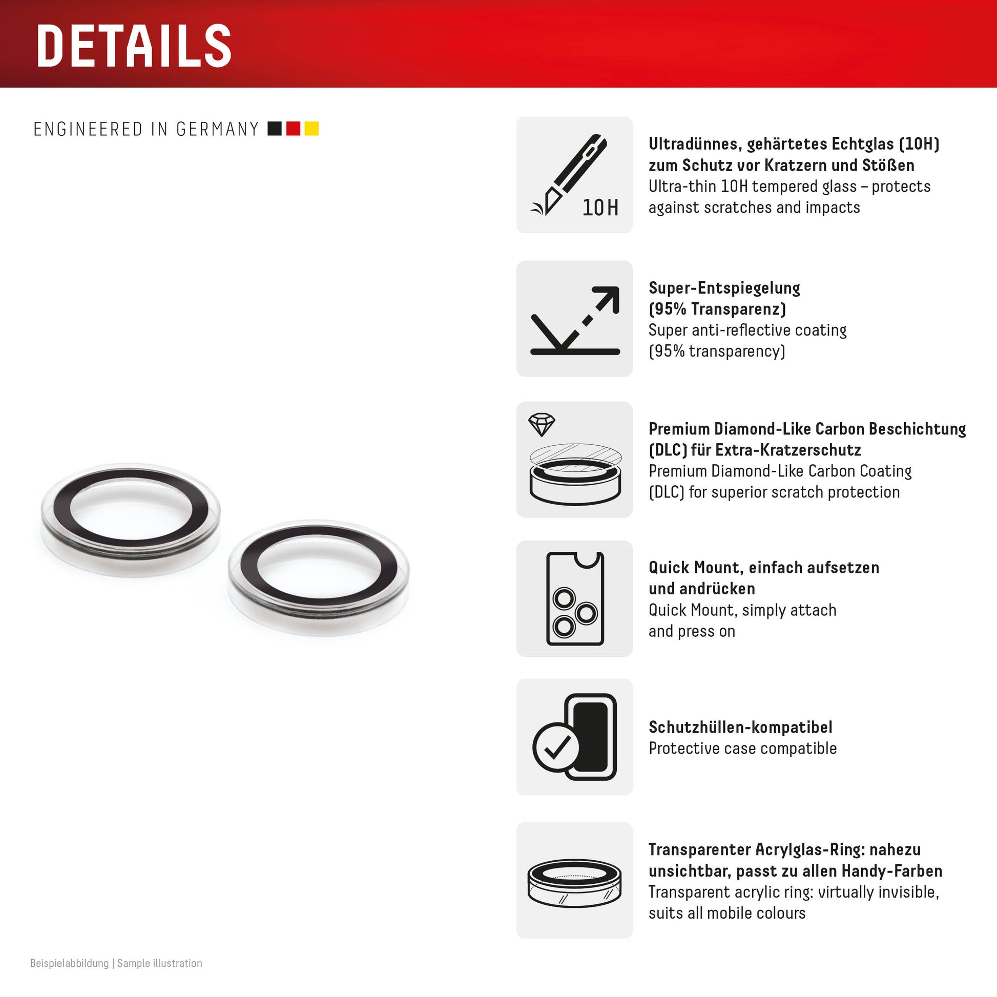 E.V.I. CamGlass Single Lens – Kameraobjektivschutz – 10H – für iPhone 16/16 Plus – Schwarz/Transparent