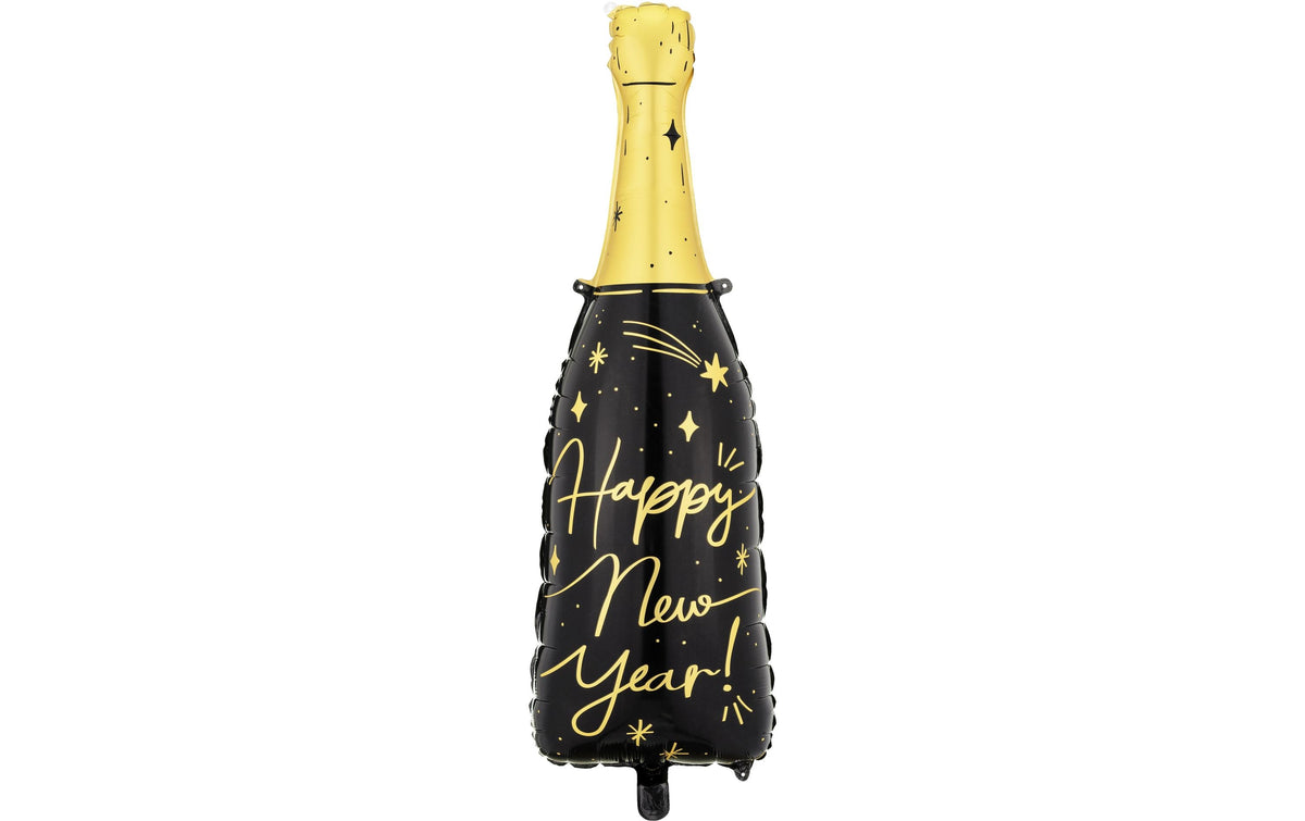 PartyDeco Folienballon Flasche Neujahr – Gold/Schwarz – 27 × 88 cm – Folie – 1 Stk