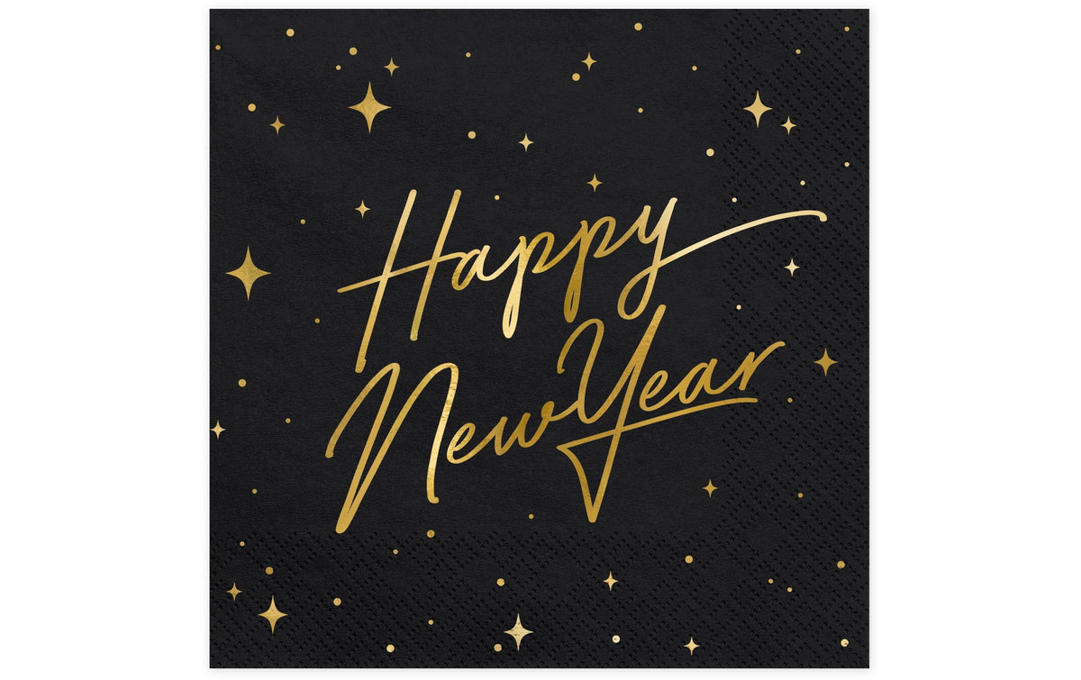 PartyDeco Servietten Neujahr, schwarz/gold – 33 × 33 cm, 3-lagig – 20 Stück