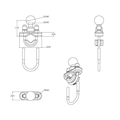 RAM Mounts U-Bolzen-Basis, Lenker – 1" Kugel – für RAMMOUNT-System – Schwarz, Aluminium