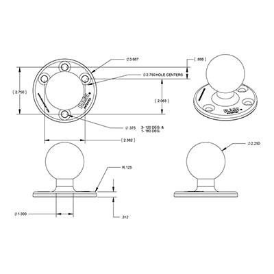 RAM Mounts RAM-D-202U Kugelbasis – Ø 3,68" – Schwarz