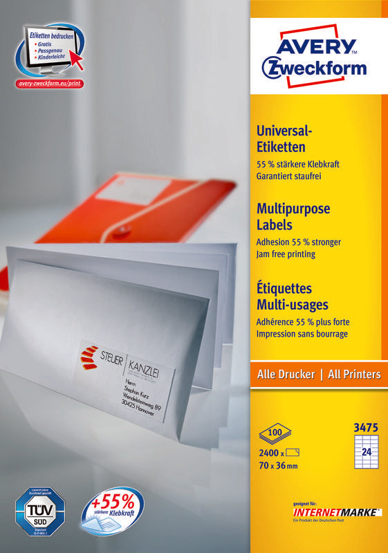 Avery Zweckform – Haftetiketten, 70 mm × 36 mm, weiss, Papier, selbstklebend, 2400 Etiketten (100 Blatt)