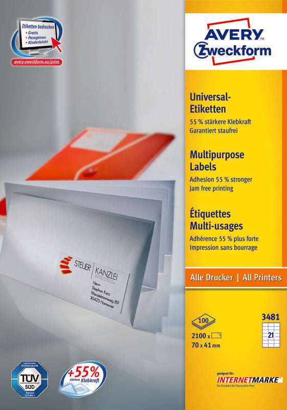 Avery Bogenetiketten, 70 mm × 41 mm, weiss, Papier, permanent, 2100 Etiketten (100 Blätter)