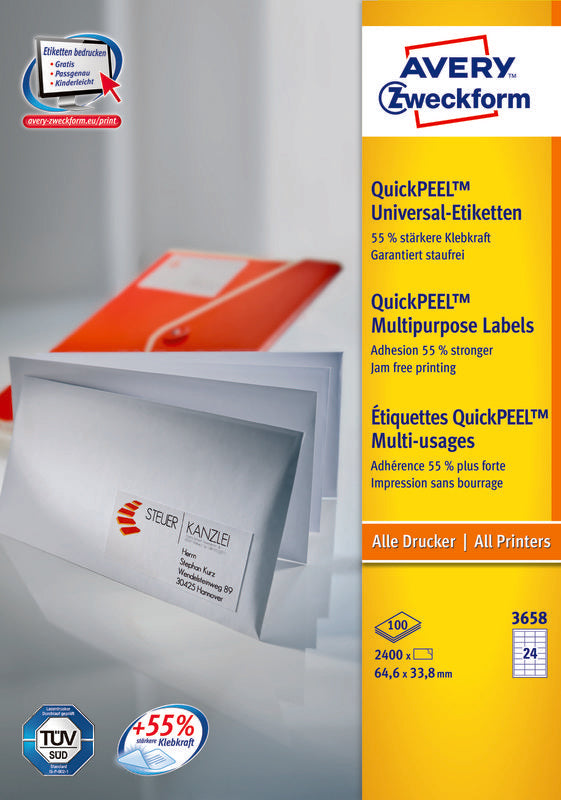 Avery Druckeretiketten, 65 mm × 34 mm, weiss, Papier, permanent, Packung 100 Blatt (2400 Etiketten)