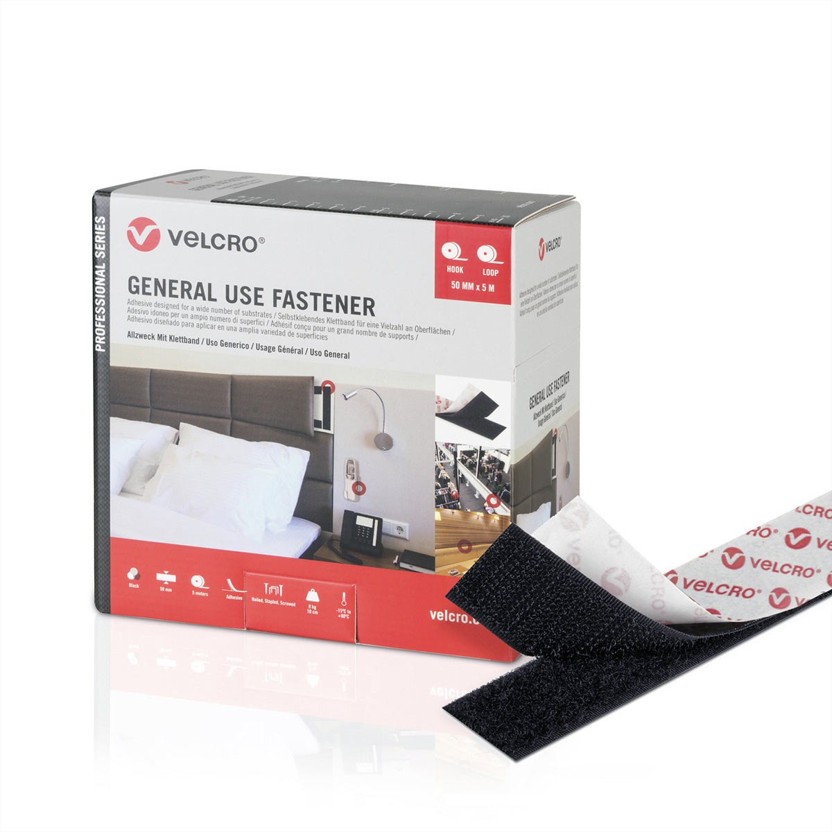 Velcro Selbstklebendes Klettband – 50 mm × 5 m, schwarz