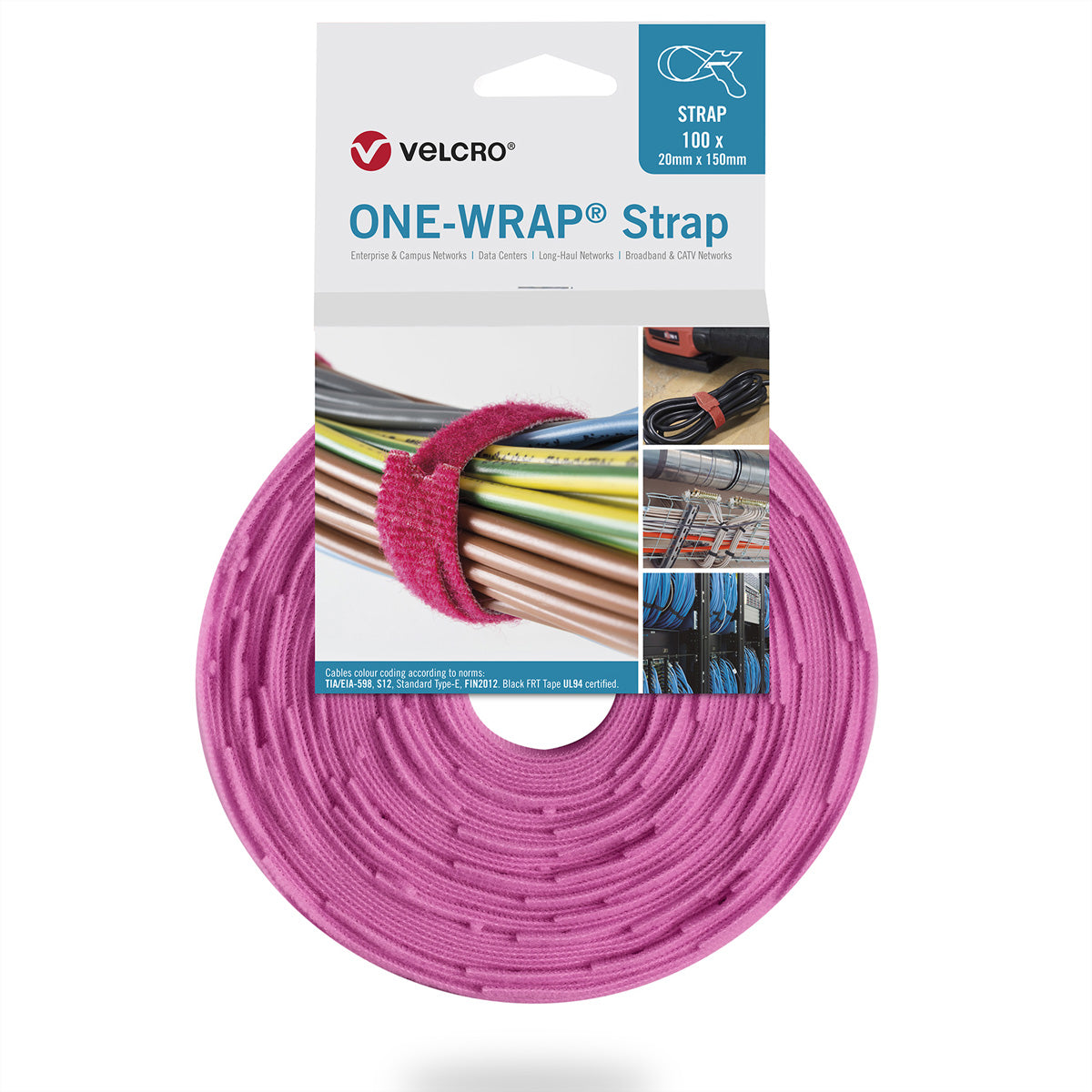Velcro One Wrap Klettband 20 mm × 230 mm – 100 Stück, Rosa, PP