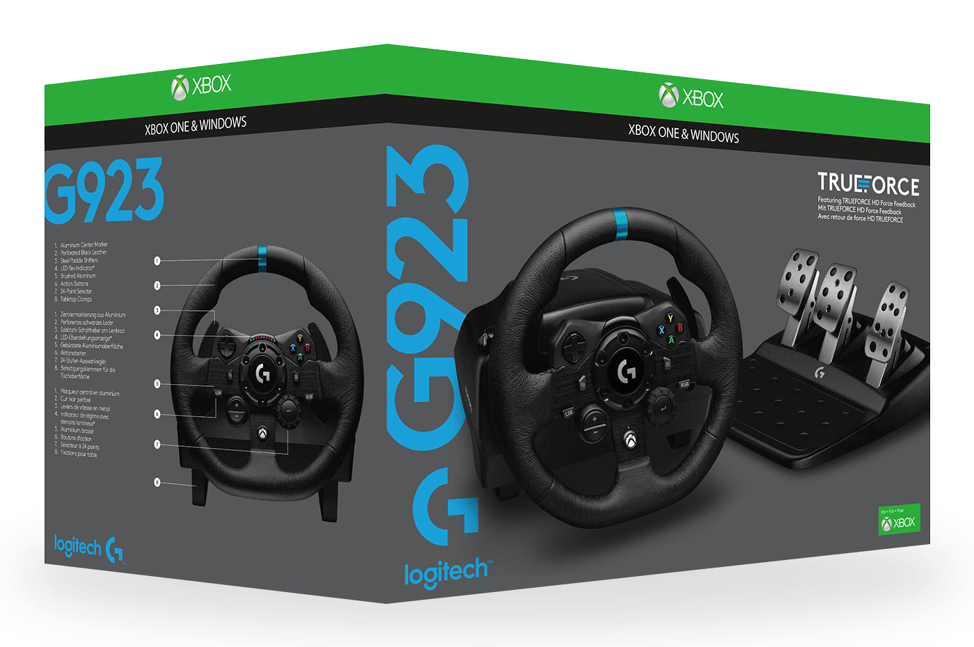 Logitech G G923 – Joystick – USB (kabelgebunden), 900° Drehwinkel, Kraft-Rückmeldung, schwarz, für PC & Xbox