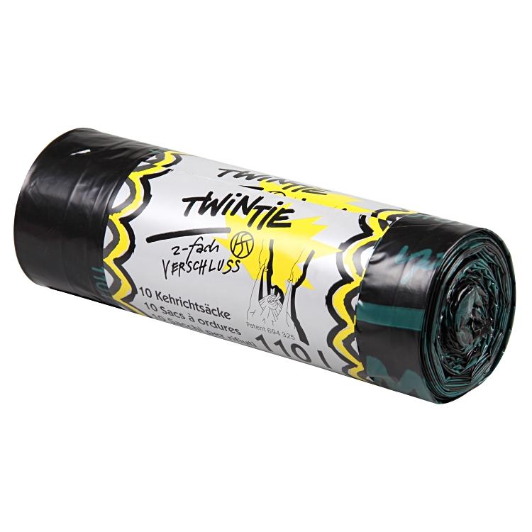 NoName Kehrichtsack Twin Tie – 110 l, mit Zugband, LDPE, schwarz, 10 Stk