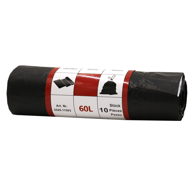 Venardo Kehrichtsack – 60 l, mit Zugband, schwarz, 555 × 860 mm, 10 Stk