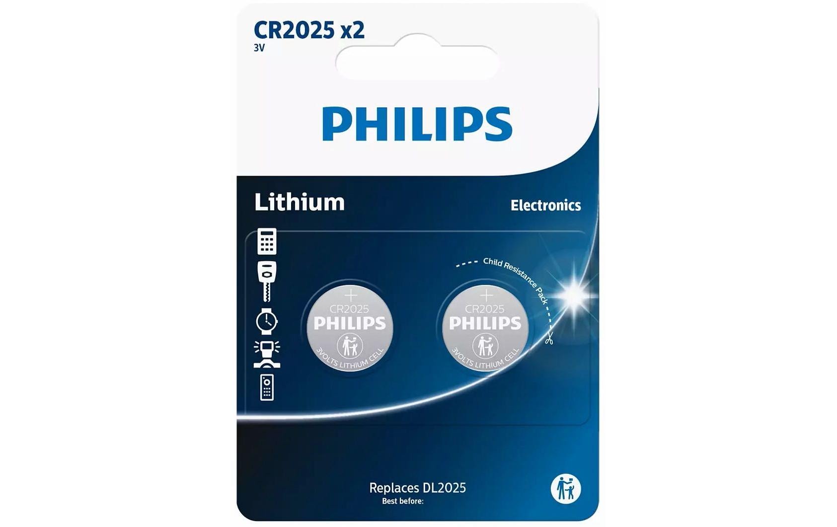 Philips Knopfzellen CR2025, Lithium-Mangandioxid, 3 V – 2 Stk.