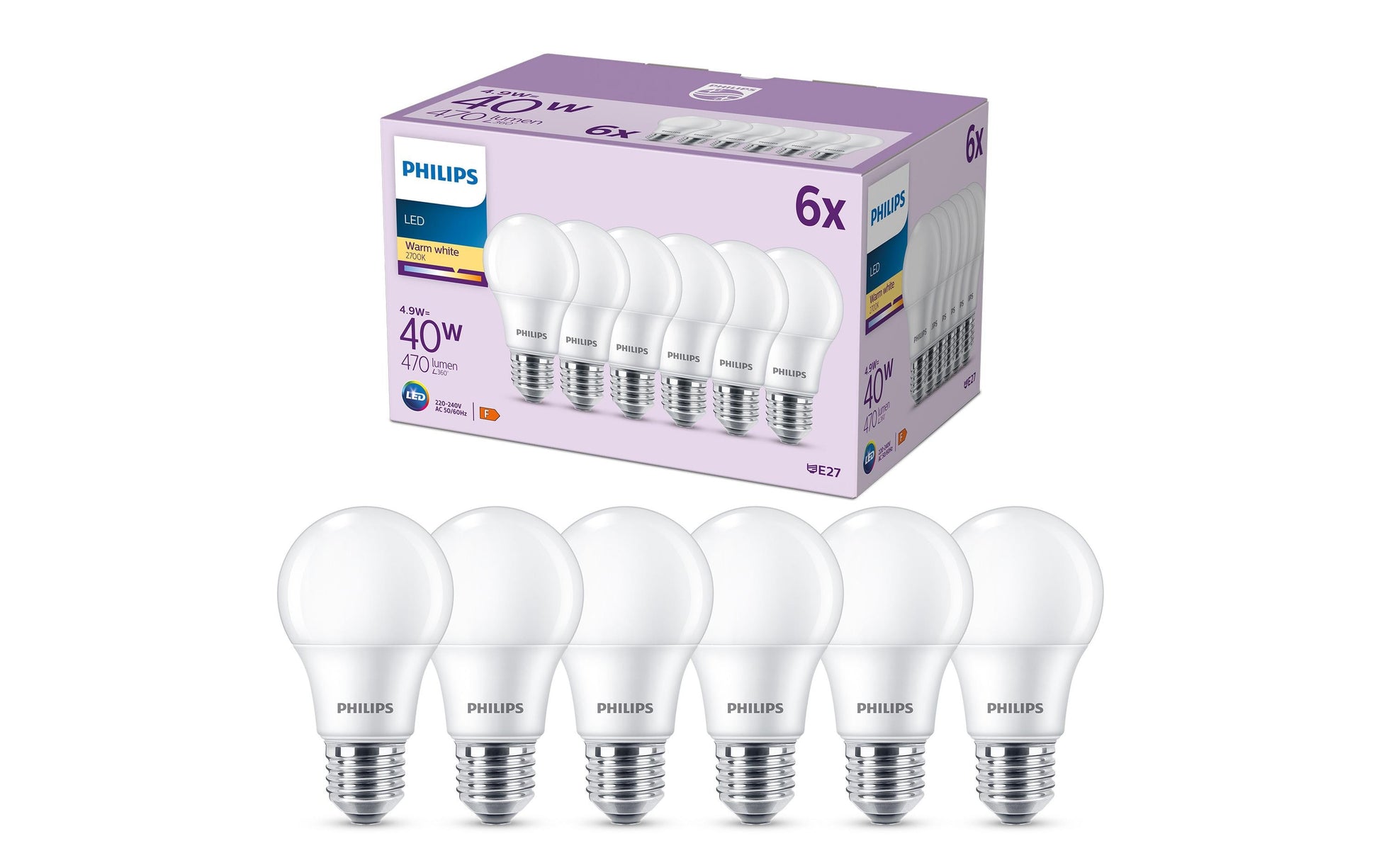 Philips by Signify Philips LED-Leuchtmittel E27 A-Form – Warmweiss 2700 K, 470 lm, 4,9 W – 6 Stk., Weiss