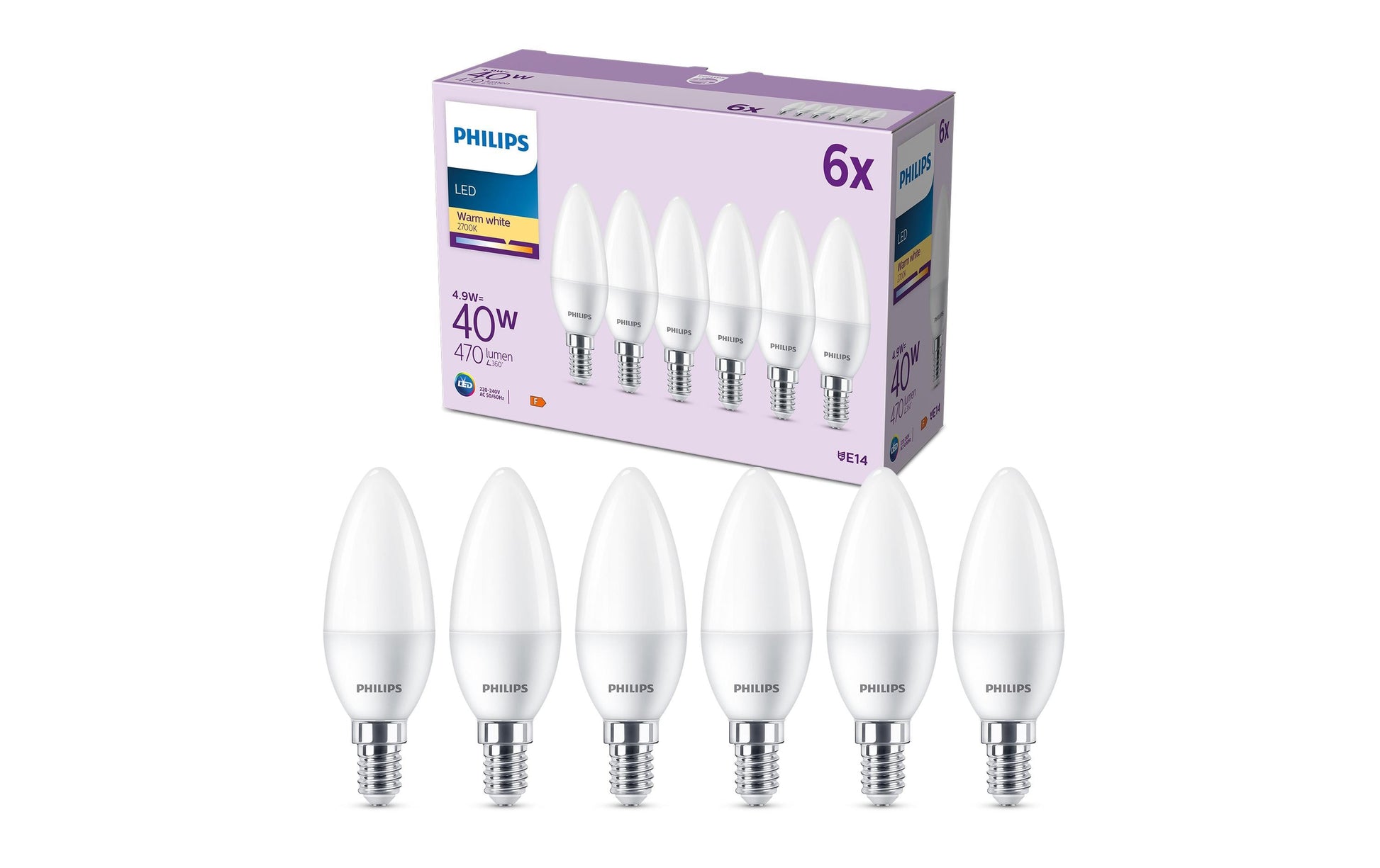 Philips by Signify Philips LED-Leuchtmittel E14 Kerze B35 – 470 lm, 4,9 W, Warmweiss 2700 K – 3 Stk. – Weiss, Glas