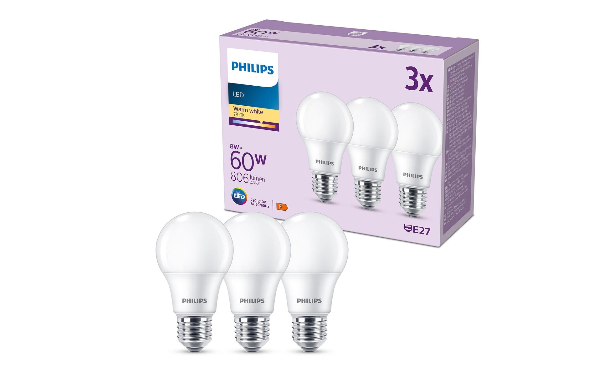 Philips by Signify Philips LED-Leuchtmittel E27 A-Form – 806 lm, 8 W, Warmweiss 2700 K, 150° – 3 Stk.