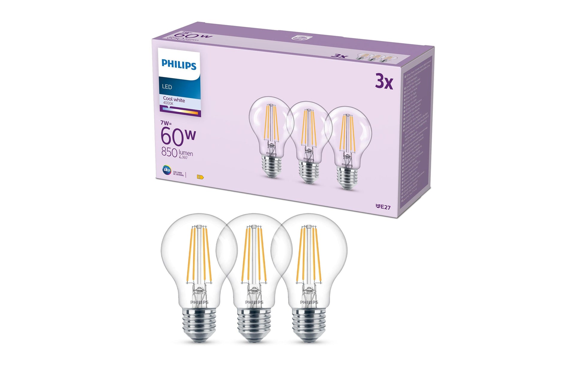 Philips by Signify Philips LED-Leuchtmittel E27 A-Form – Neutralweiss 4000 K, 850 lm, 7 W – IP20 – Transparent