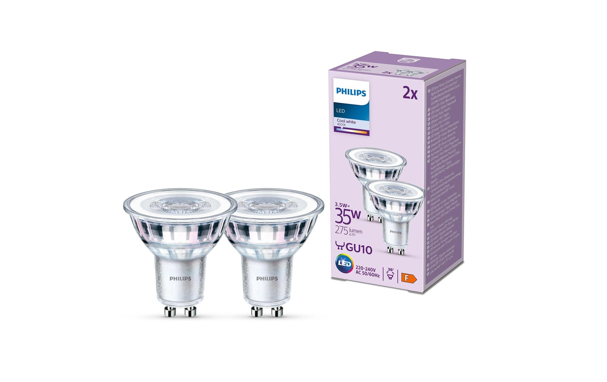 Philips by Signify Philips LED-Leuchtmittel GU10 Reflektor – Neutralweiss 4000 K, 275 lm, 3,5 W, 36° – 2 Stk., Glas