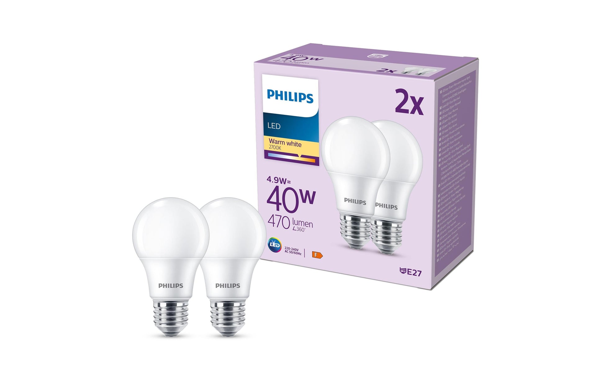 Philips by Signify Philips LED-Leuchtmittel E27 A-Form – Warmweiss 2700 K, 470 lm, 4,9 W – 2 Stk.