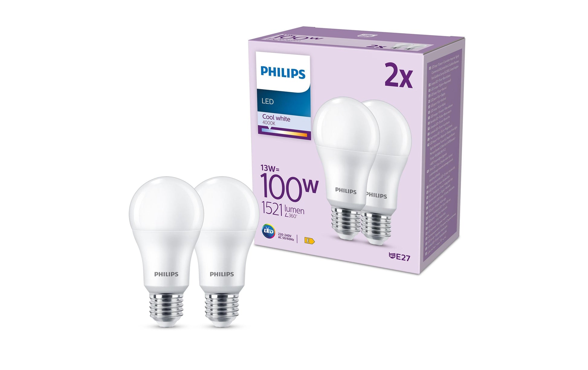 Philips by Signify Philips LED-Leuchtmittel E27 A-Form – Neutralweiss 4000 K, 1521 lm, 13 W – 2 Stk. – Weiss, Glas