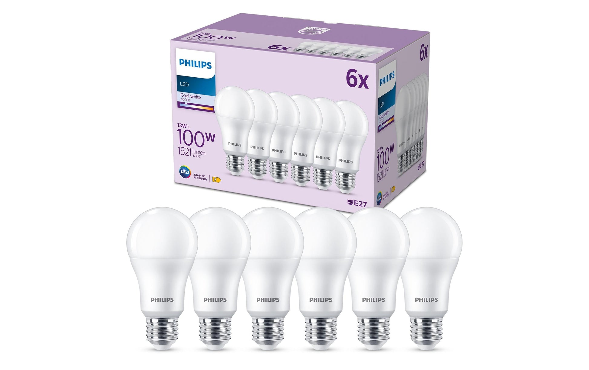 Philips by Signify Philips LED-Leuchtmittel E27 A-Form – Neutralweiss 4000 K, 1521 lm, 13 W – 6 Stk.