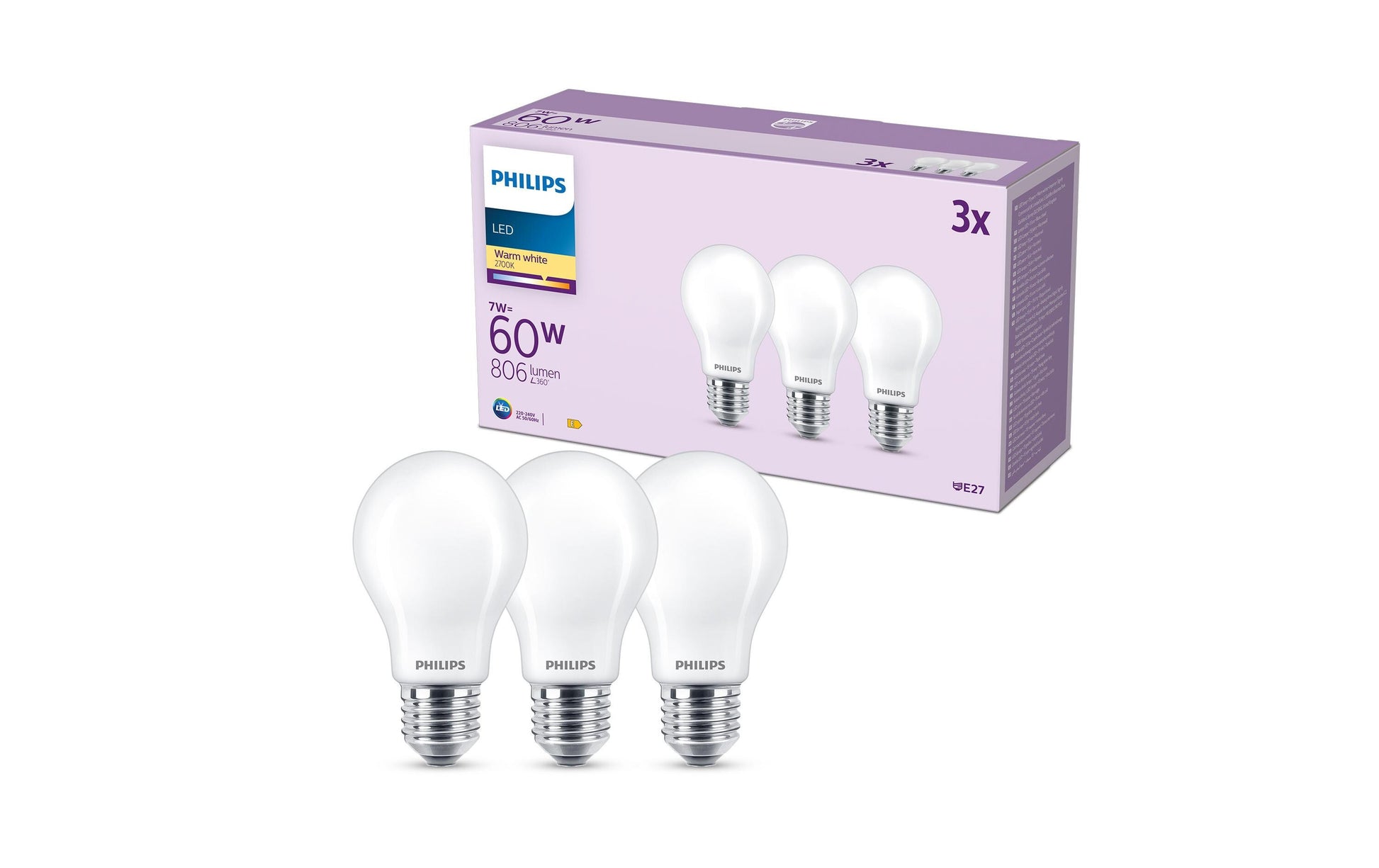 Philips by Signify Philips LED-Leuchtmittel E27 A-Form – Warmweiss 2700 K, 806 lm, 7 W – 3 Stk. – Weiss, Glas