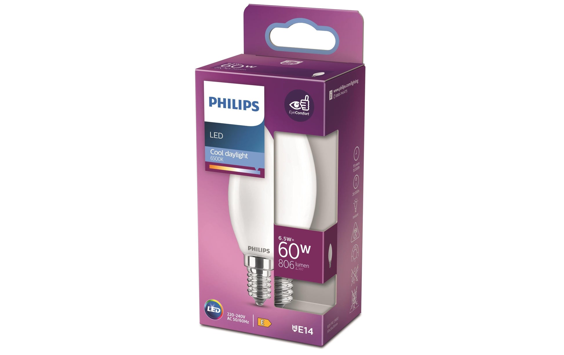 Philips by Signify Philips Leuchtmittel E14 Kerze – Kaltweiss 6500 K, 806 lm, 6,5 W – 1 Stk., Weiss, Glas