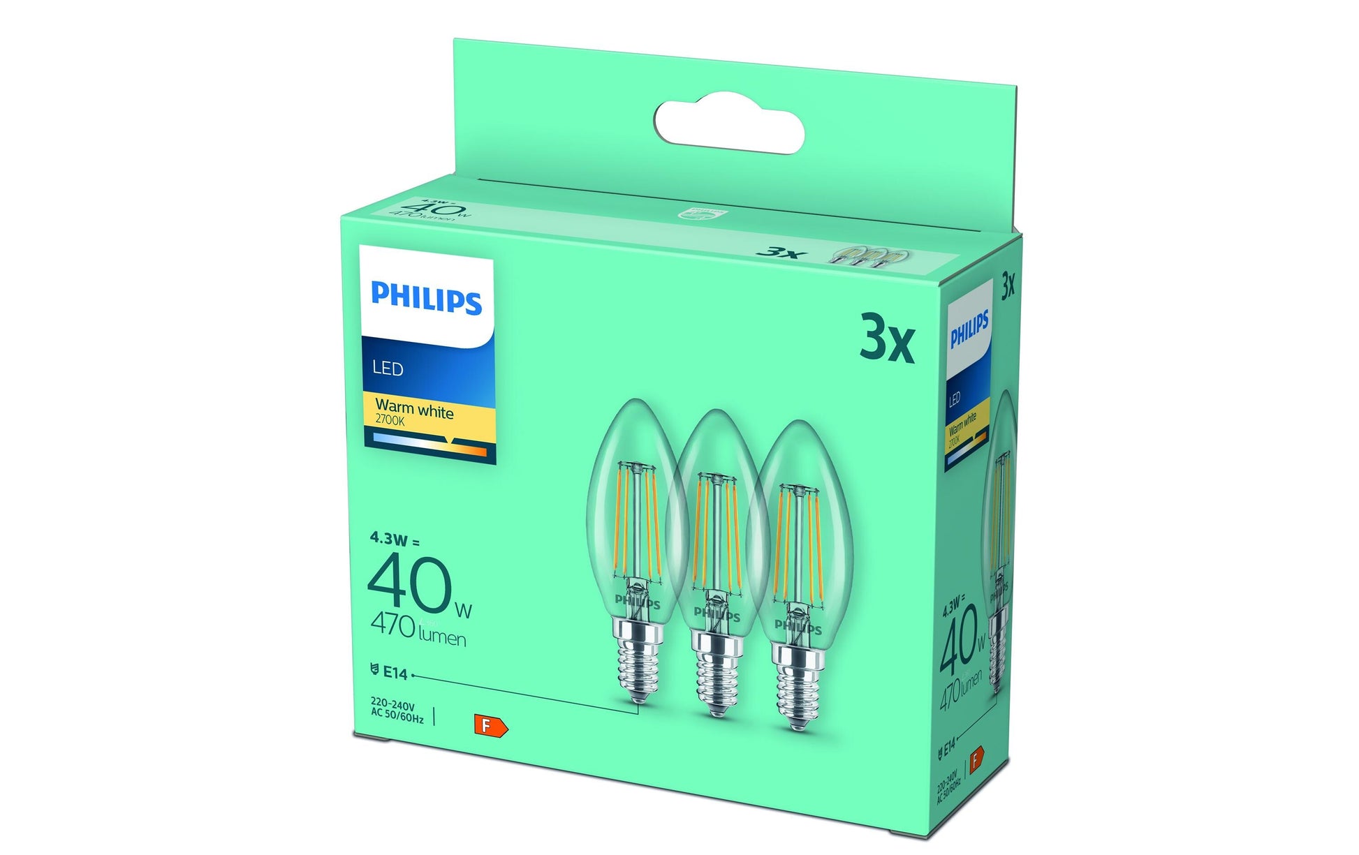 Philips by Signify Philips LED-Leuchtmittel E14 Kerze – Warmweiss 2700 K, 470 lm, 4,3 W – 3 Stk., Transparent