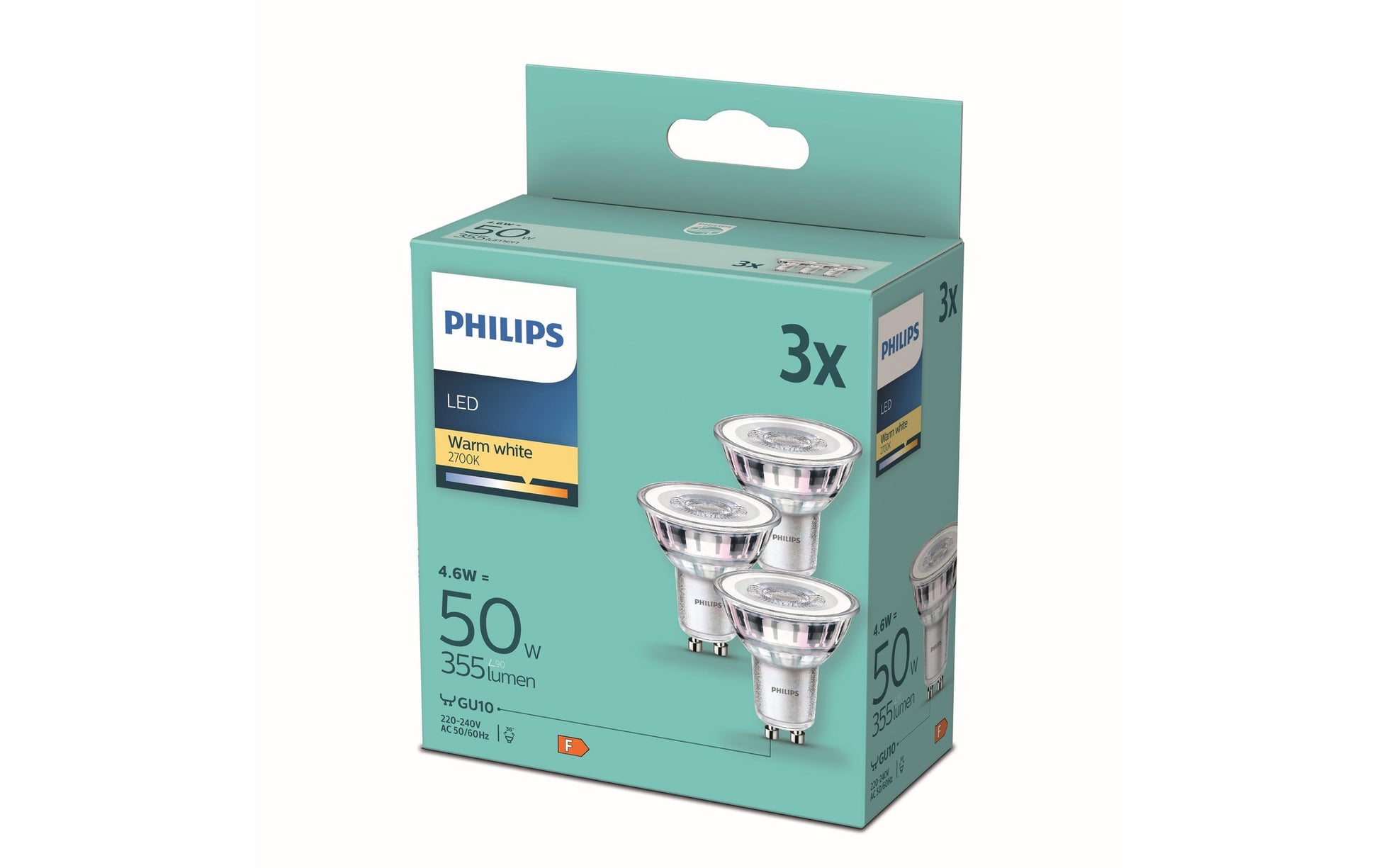Philips by Signify Philips LED-Leuchtmittel GU10 – 355 lm, 4,6 W, Warmweiss 2700 K, 36°, 3 Stk., Transparent
