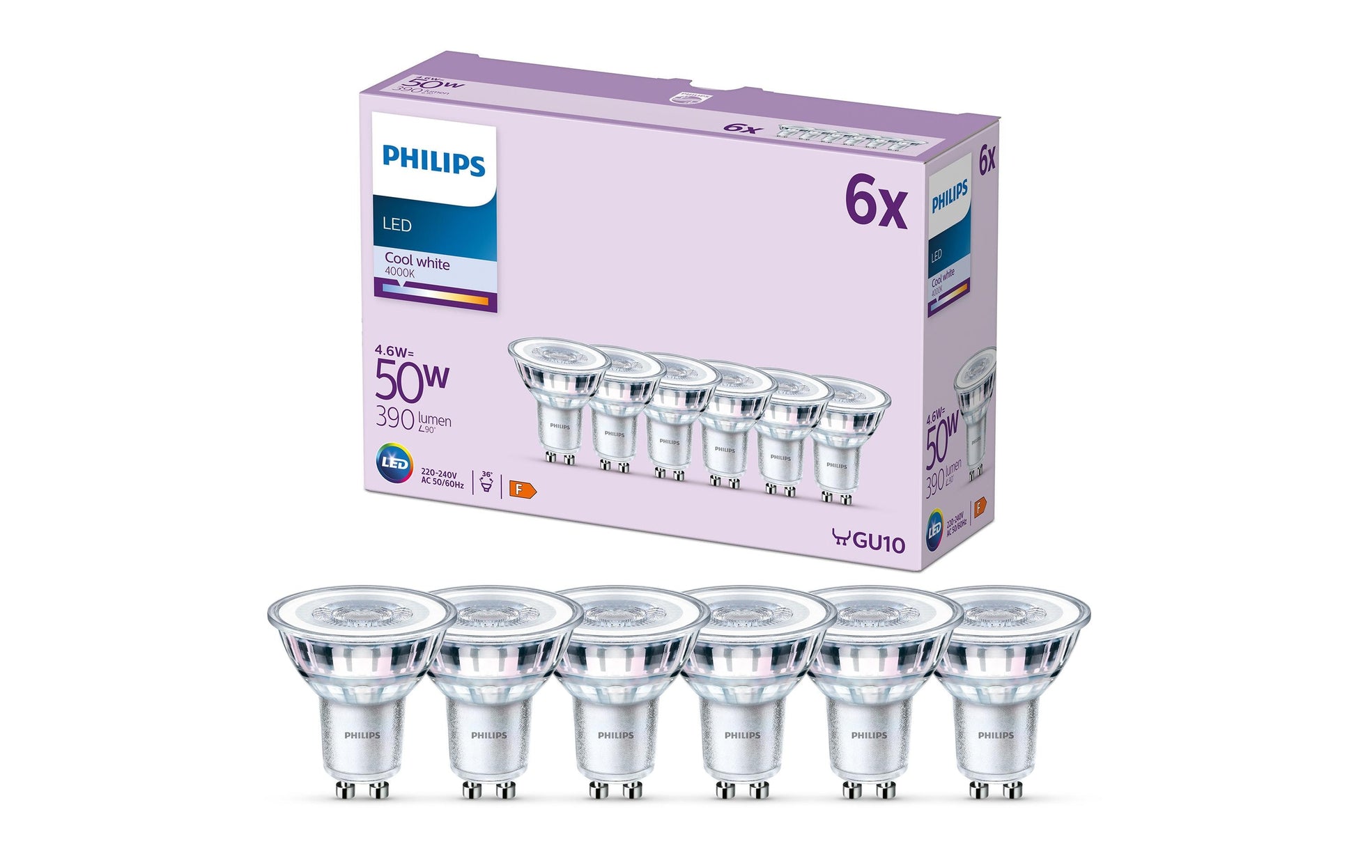 Philips by Signify Philips Leuchtmittel GU10 Spot – Neutralweiss 4000 K, 390 lm, 4,6 W, 36° – 6 Stk. – Silber/Glas