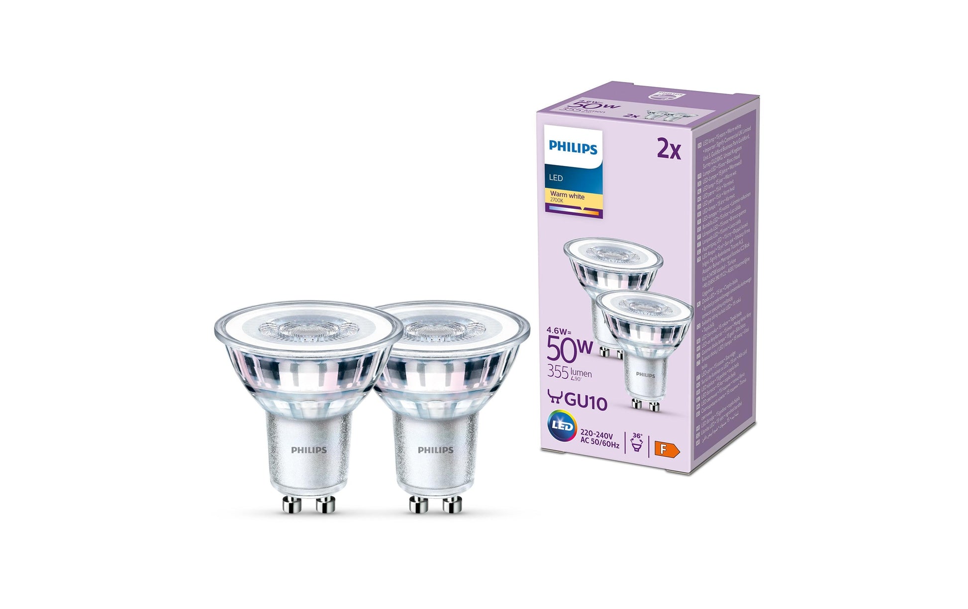 Philips by Signify Philips LED-Leuchtmittel Reflektor GU10 – Warmweiss 2700 K, 355 lm, 4,6 W, 36° – klar – LEDClassic – 2 Stk.