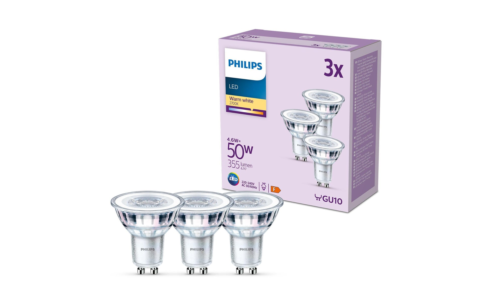 Philips by Signify Philips LED-Leuchtmittel GU10 Spot – Warmweiss 2700 K, 355 lm, 4,6 W, 36° – 3 Stk., Silber