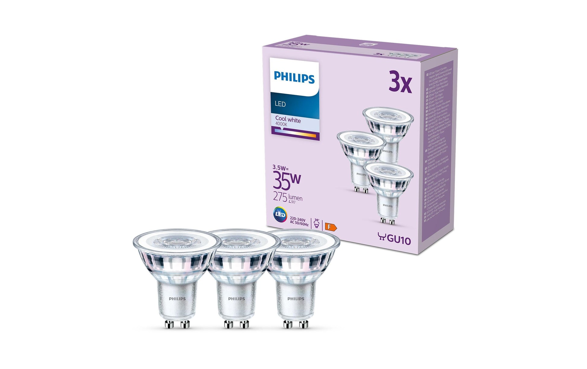 Philips by Signify Philips LED-Leuchtmittel GU10 Reflektor – Neutralweiss 4000 K, 275 lm, 3,5 W, 36° – 3 Stk., Silber/Glas