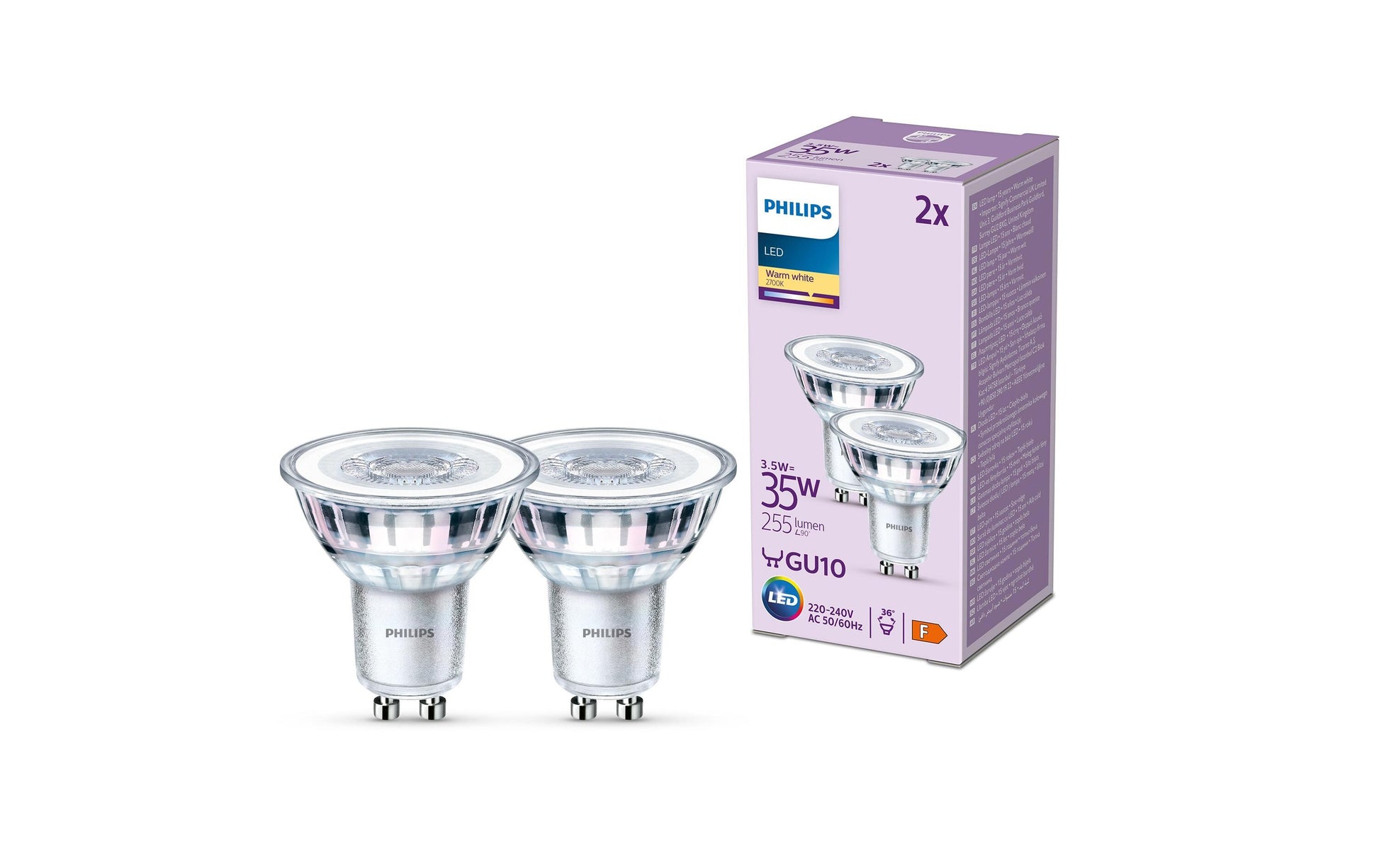 Philips by Signify Philips LED-Reflektor GU10 – 255 lm, 3,5 W, Warmweiss 2700 K, 36° – 2 Stk., Silber, Glas