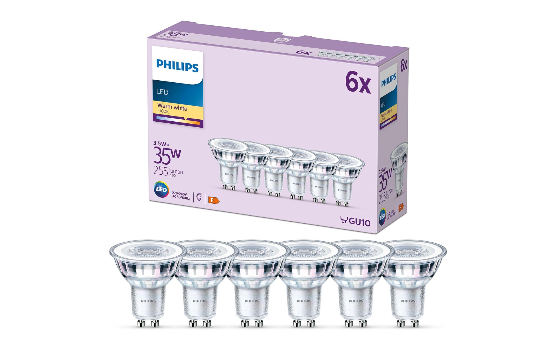 Philips by Signify Philips LED-Leuchtmittel GU10 Reflektor – Warmweiss 2700 K, 255 lm, 3,5 W – 6 Stk., Silber