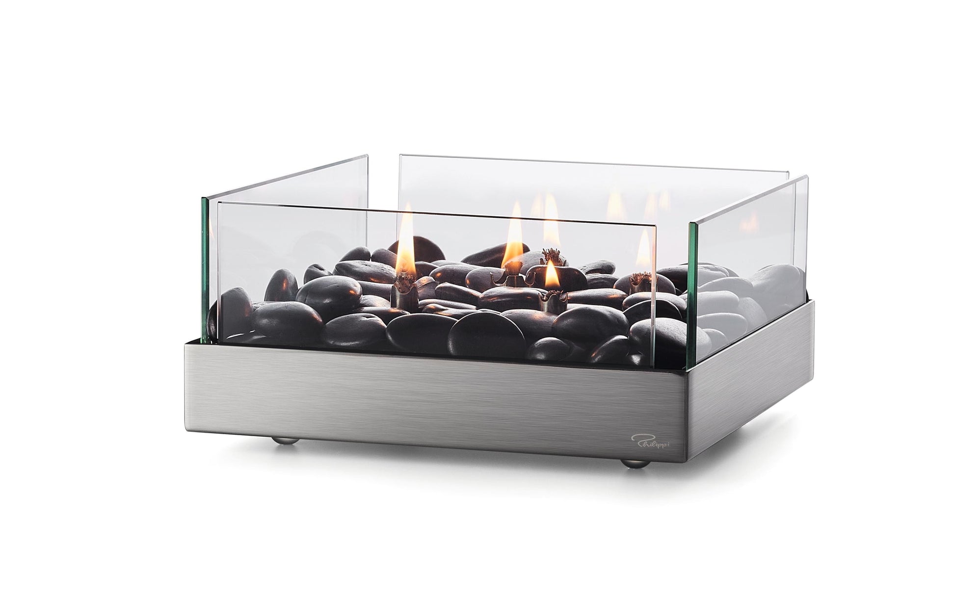 Philippi Tischkamin – 22,9 × 22,9 × 10,2 cm – Glas & Edelstahl, mehrfarbig