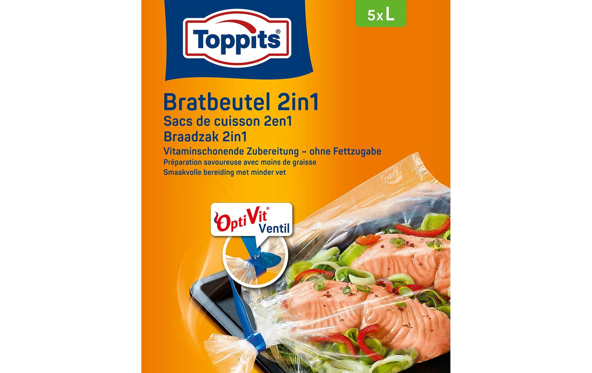 Toppits Bratbeutel 37 × 43 cm, 5 Stk., Kunststoff, mikrowellenfest, mit OptiVit-Ventil